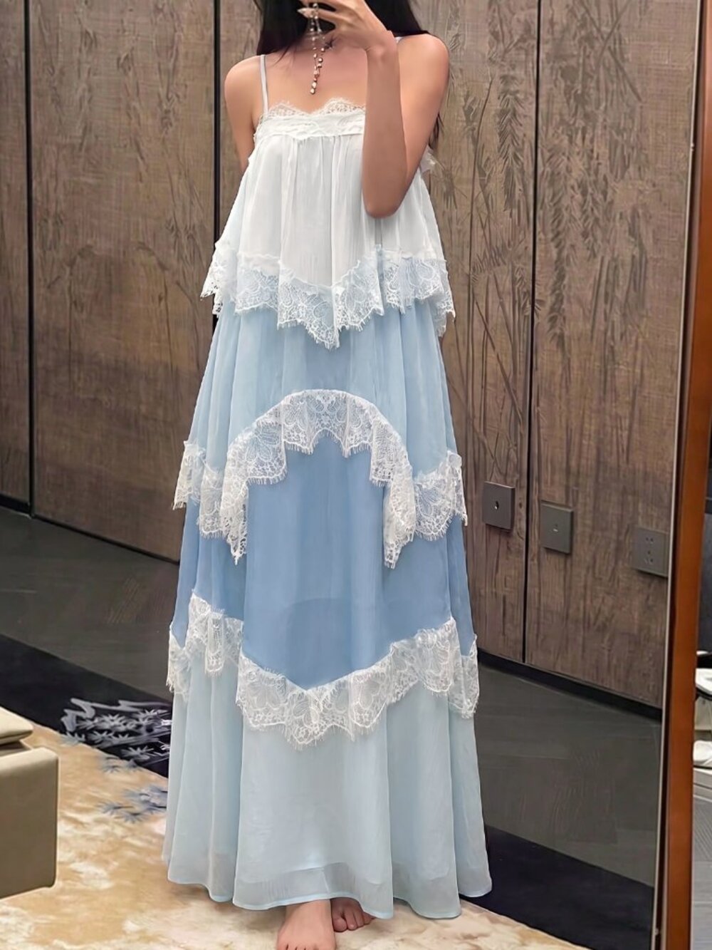 Blue Party Women's Contrast Lace Adjustable Strap Tiered Maxi Dress